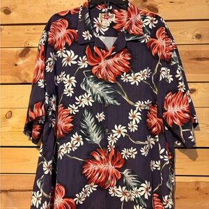 Hilo Hattie Navy Hawaiian Shirt with Red Floral Print